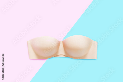 Beautiful Beige Underwear Isolated on Pink and Blue Pastel. Set of Accessory Lingerie (Bikini), Copy Space. Woman is Lace Sexy Nude or Brown Bra (Brassiere) on Two Tone Color Background, Top View.
