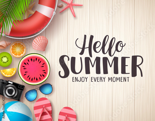 Hello summer vector background. Summer text in wood textured background with colorful beach elements like tropical fruits,beach ball and seashells. Vector illustration.