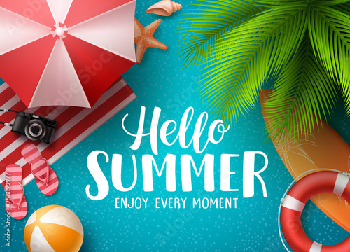 Hello summer in the beach vector background. Hello summer text with colorful beach elements like ball, lifebuoy and umbrella under palm tree in blue background. Vector illustration.