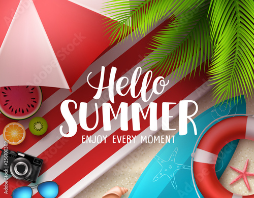 Hello summer vector banner design. Hello summer text with colorful beach elements like surfboard, lifebuoy and beach umbrella under coconut tree. Vector illustration.