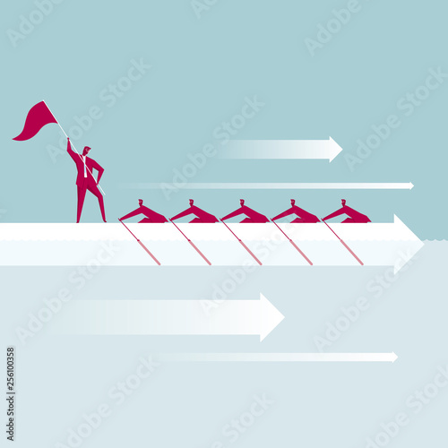 teamwork. A group of businessmen are rowing. The background is blue.