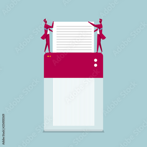 Two businessmen smash documents. Isolated on blue background.