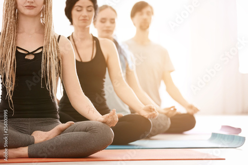 Group of people practicing yoga indoors