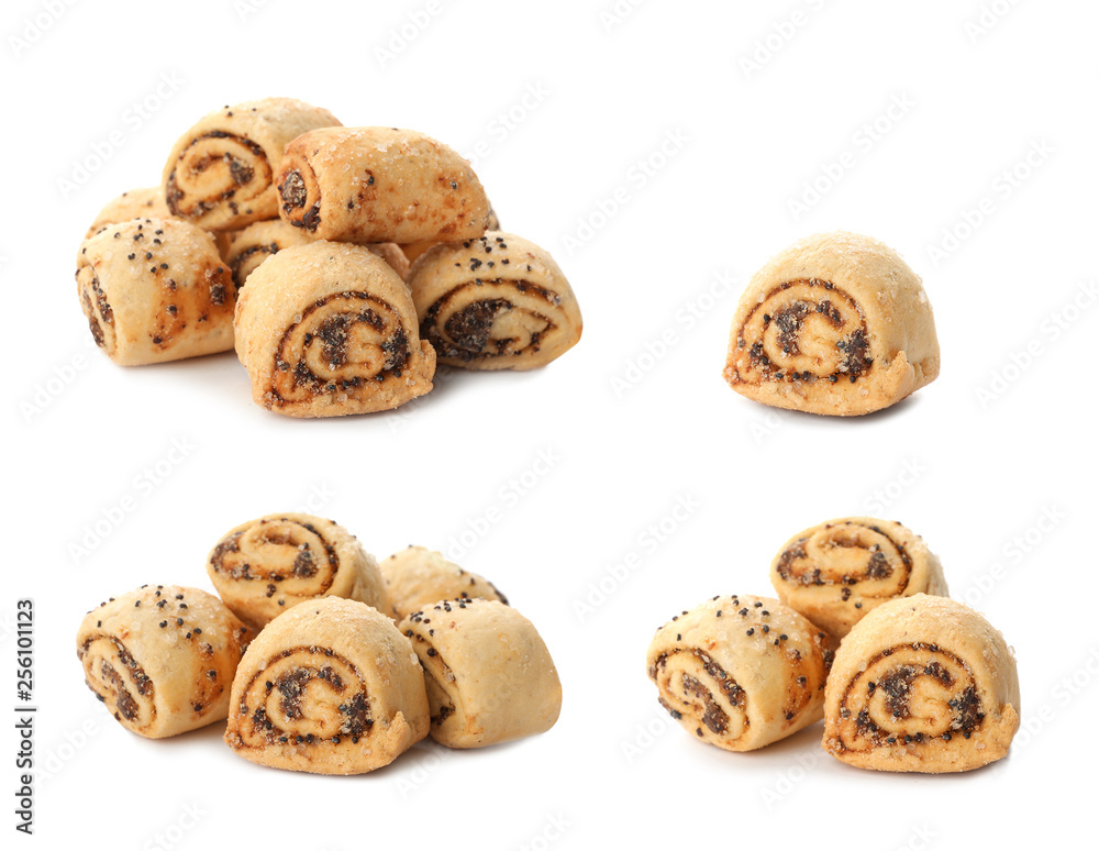 Set of freshly baked cookies with poppy seeds on white background Set of freshly baked cookies with poppy seeds on white background