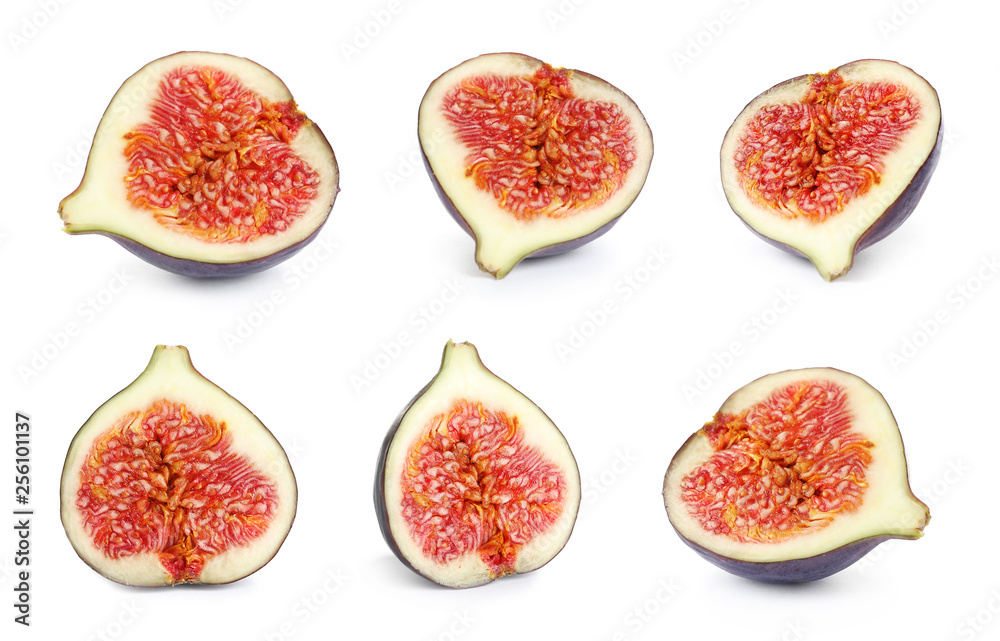 Set of cut delicious ripe figs on white background Set of cut delicious ripe figs on white background