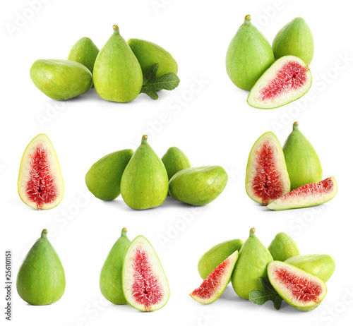 Set of delicious ripe figs on white background