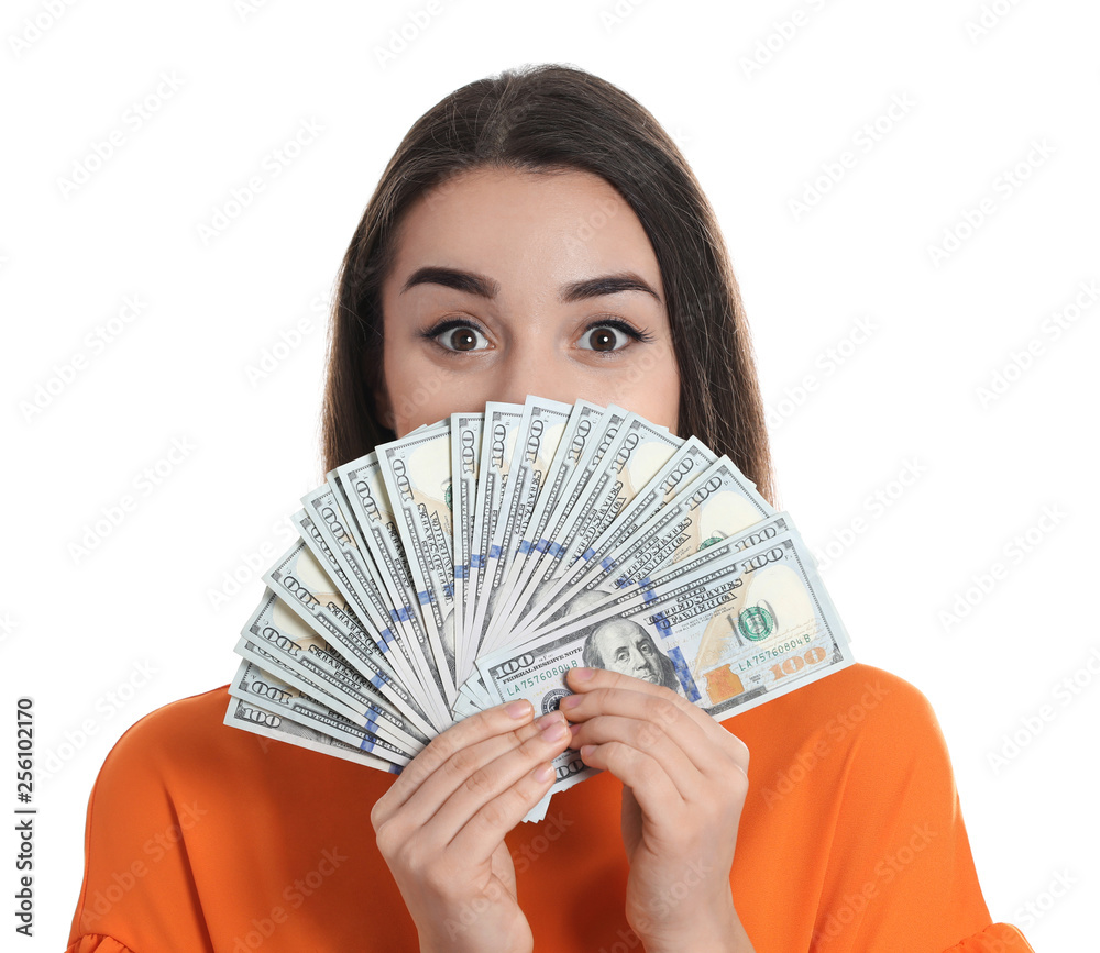 Portrait of happy young woman with money on white background Portrait of happy young woman with money on white background