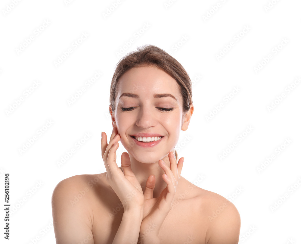 Portrait of young woman with perfect smooth skin on white background. Beauty and body care Portrait of young woman with perfect smooth skin on white background. Beauty and body care