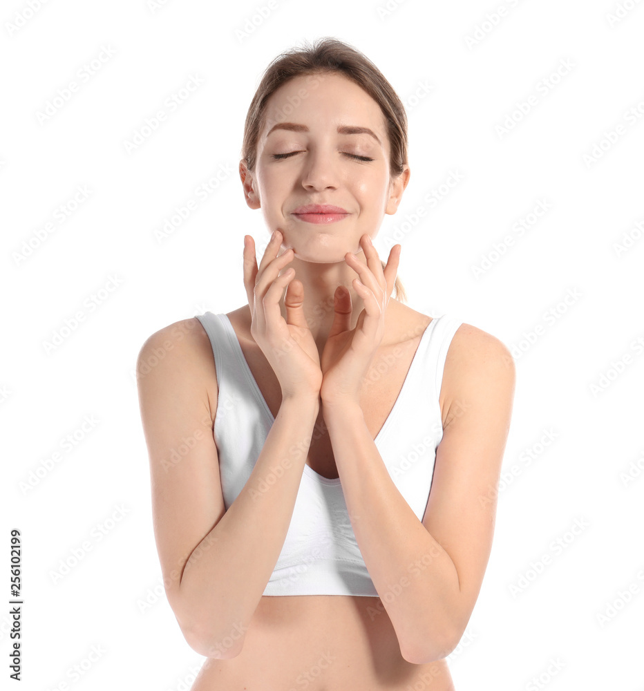 Portrait of young woman with perfect smooth skin on white background. Beauty and body care Portrait of young woman with perfect smooth skin on white background. Beauty and body care