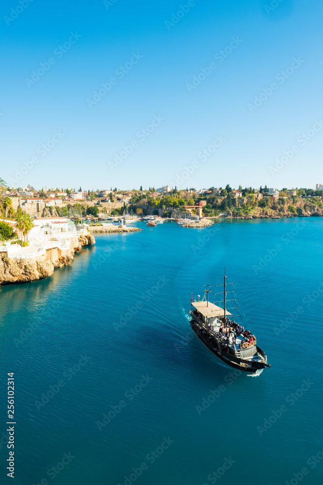 Fototapeta premium Tourist Cruise Boat Harbor Coast Antalya Turkey