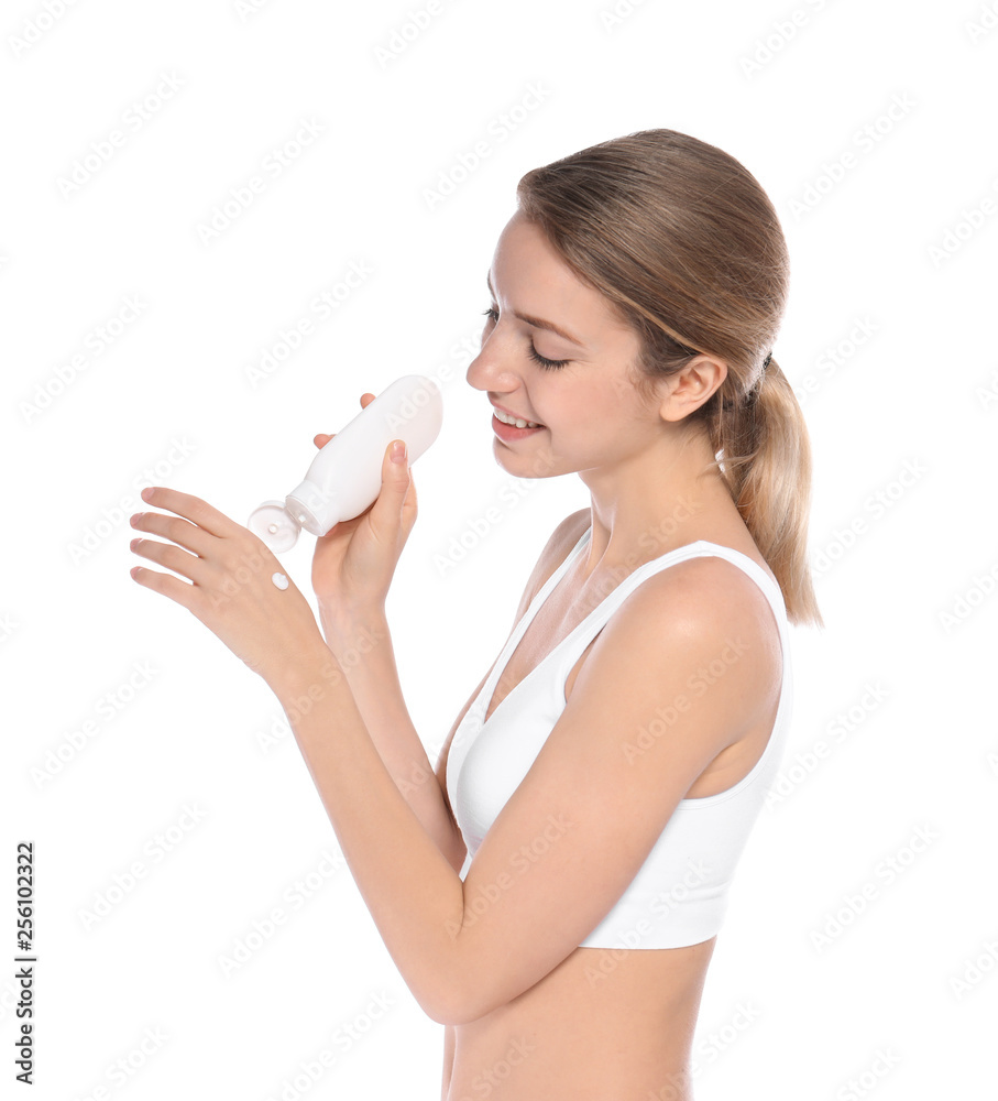 Young woman applying hand cream on white background. Beauty and body care Young woman applying hand cream on white background. Beauty and body care
