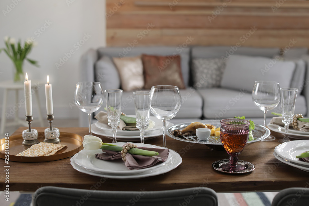 Festive Passover table setting at home. Pesach celebration Festive Passover table setting at home. Pesach celebration