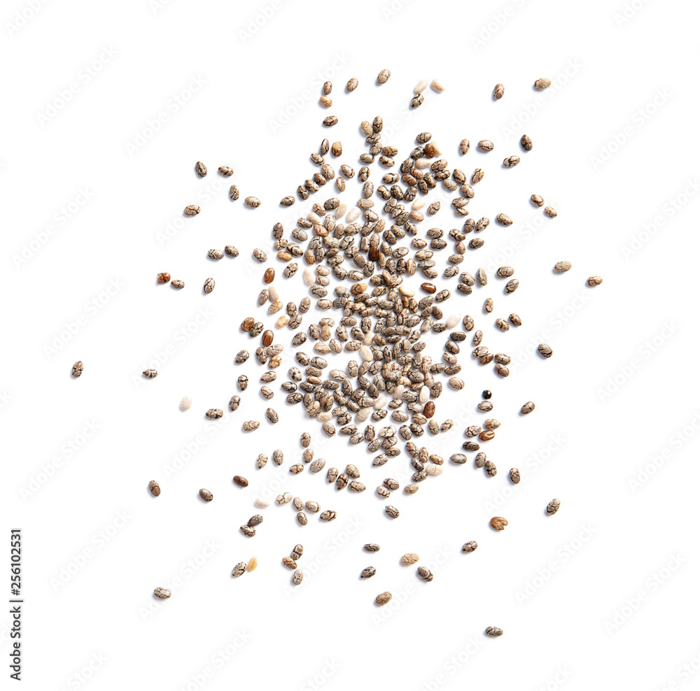 Chia seeds isolated on white, top view Chia seeds isolated on white, top view
