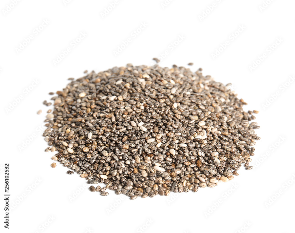 Pile of chia seeds isolated on white Pile of chia seeds isolated on white