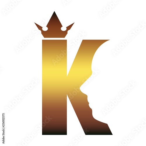 King logo. Royal luxury emblem. Face and crown icon. Business fantasy golden badge with K letter