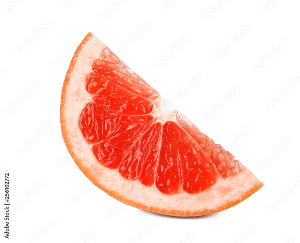 Slice of ripe juicy grapefruit on white background