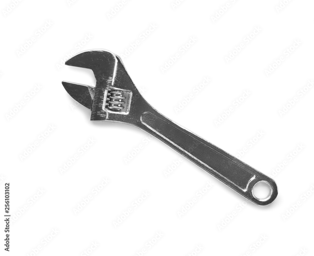 Adjustable wrench on white background, top view. Plumber tools Adjustable wrench on white background, top view. Plumber tools