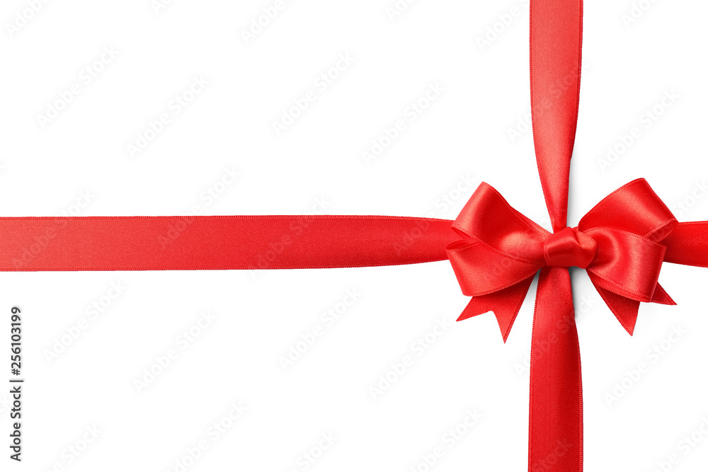 Red ribbon with bow on white background. Festive decoration Red ribbon with bow on white background. Festive decoration