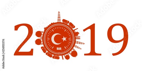 Circle with energy relative silhouettes. Design set of natural gas industry. Objects located around the manometer circle. 2019 year number. Flag of the Turkey