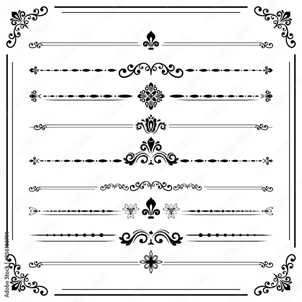 Vintage set of decorative elements. Horizontal separators in the frame. Collection of different ornaments. Classic patterns. Set of vintage black patterns