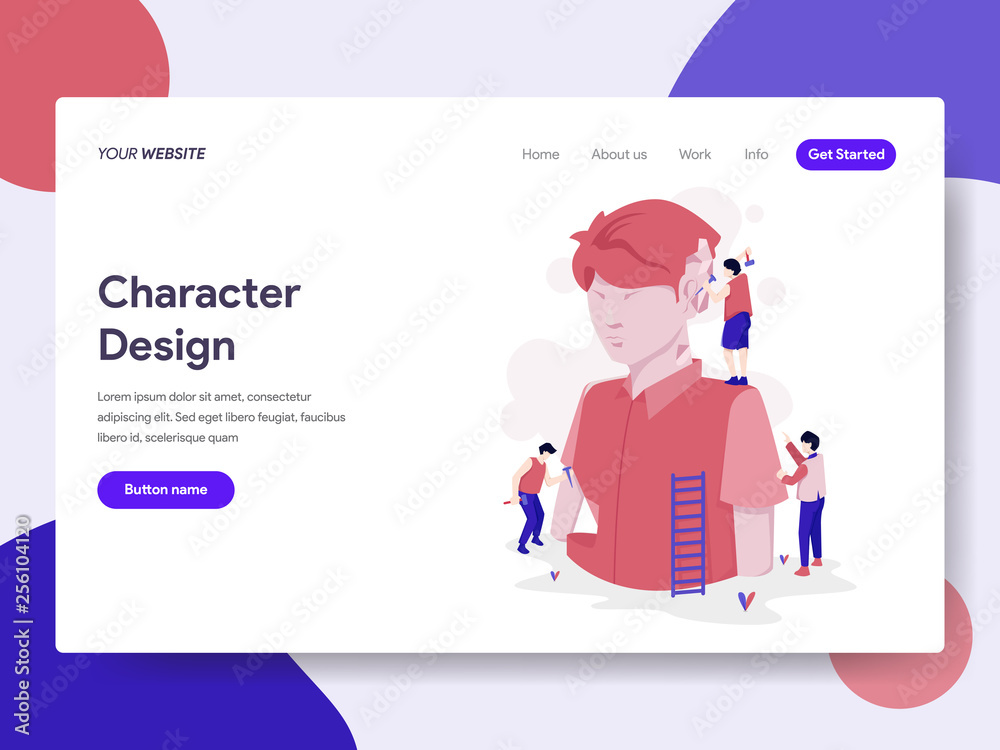 Landing page template of Character Design Process Illustration Concept. Isometric flat design concept of web page design for website and mobile website.Vector illustration