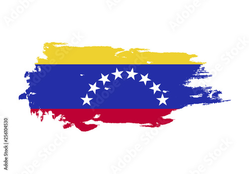 Grunge brush stroke with Venezuela national flag. Watercolor painting flag. Symbol  poster  banner. Vector Isolated on white background.