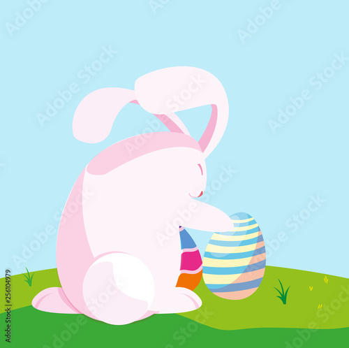 cute rabbit easter with egg painted in the camp