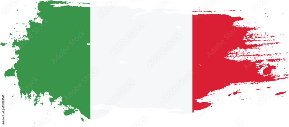 Grunge brush stroke with italy national flag. Watercolor painting flag. Symbol, poster, banner. Vector Isolated on white background.