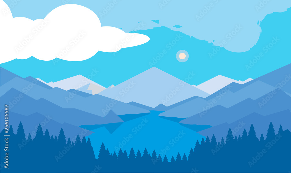 mountains with forest and river snowscape scene