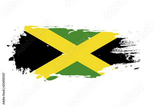 Grunge brush stroke with Jamaica national flag. Watercolor painting flag. Symbol, poster, banner. Vector Isolated on white background.