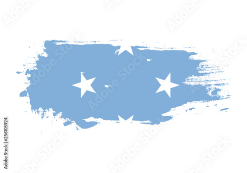 Grunge brush stroke with Micronesia national flag. Watercolor painting flag. Symbol, poster, banner. Vector Isolated on white background.