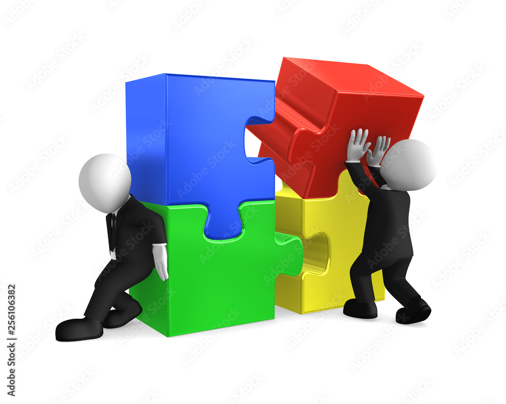 3d business people working with puzzles 3d business people working with puzzles