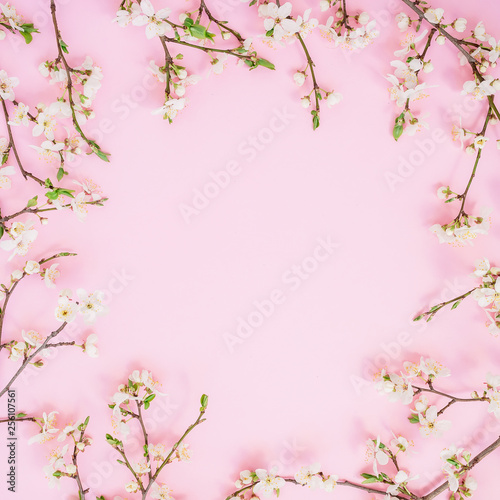 Floral frame of spring flowers isolated on pink background. Flat lay  top view