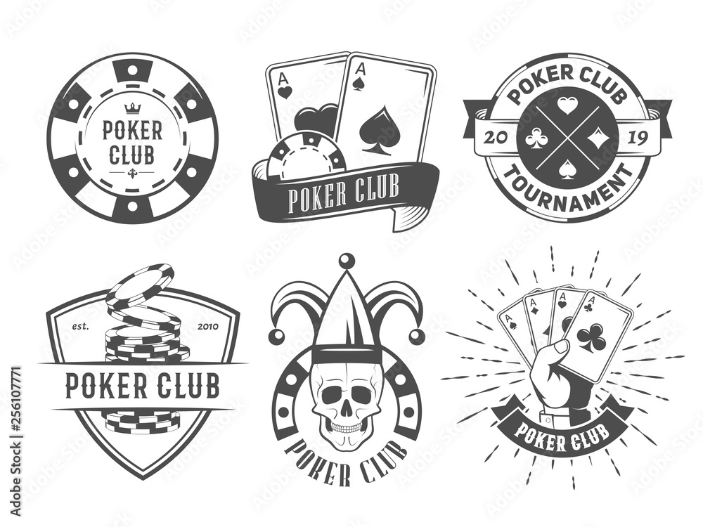Vector poker club logos. Set of vintage badges with playing cards and chips for poker tournament or casino.
