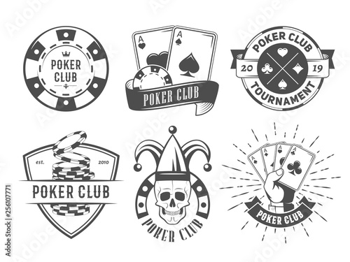 Vector poker club logos. Set of vintage badges with playing cards and chips for poker tournament or casino.