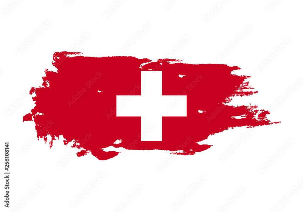 Obraz premium Grunge brush stroke with Switzerland national flag. Watercolor painting flag. Symbol, poster, banner. Vector Isolated on white background.