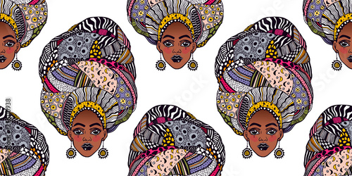 Seamless pattern with African woman in traditional geometric turban, head wrap.