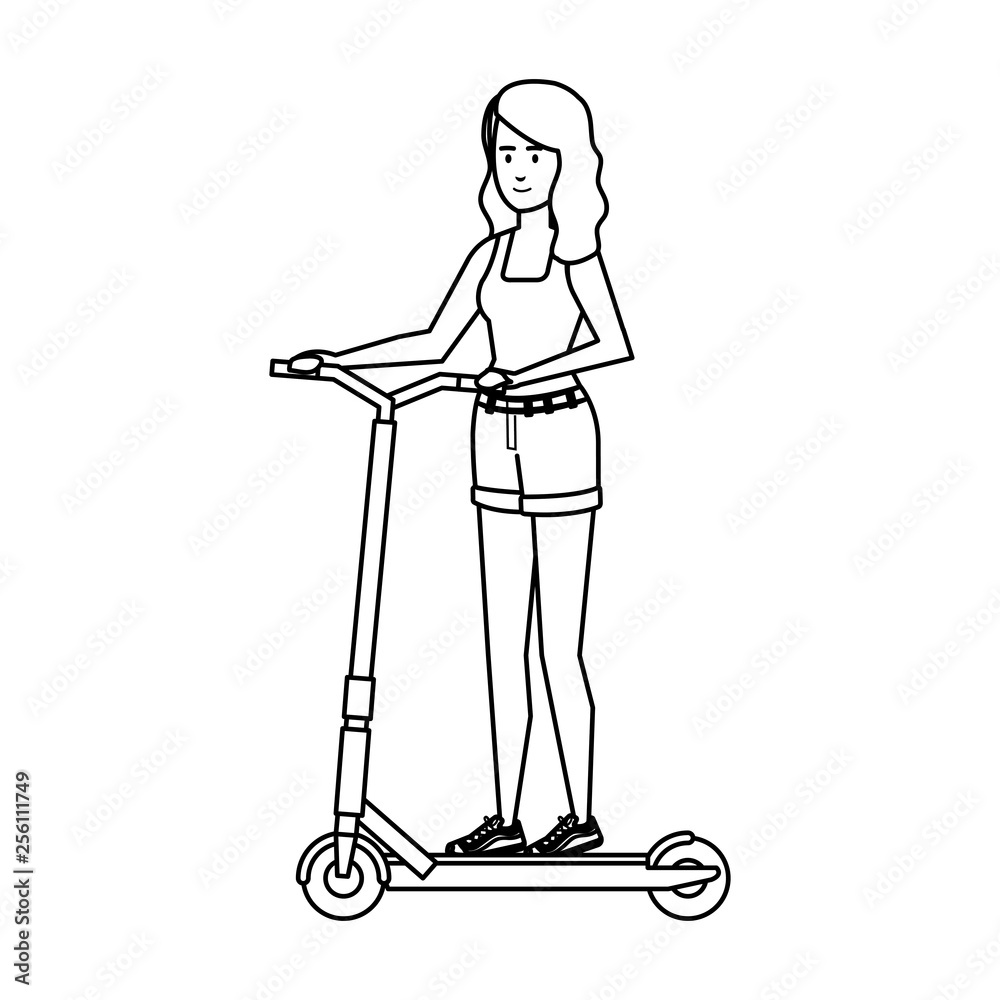 young woman in folding scooter young woman in folding scooter