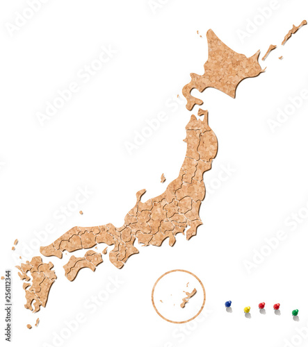 コルクの日本地図とマーキング用押しピン