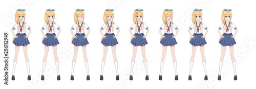 Anime manga schoolgirl in sailor suit, blue skirt