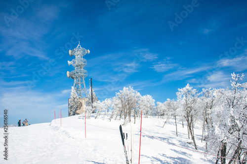 Landscape and Mountain view of Nozawa Onsen in winter , Nagano, Japan.