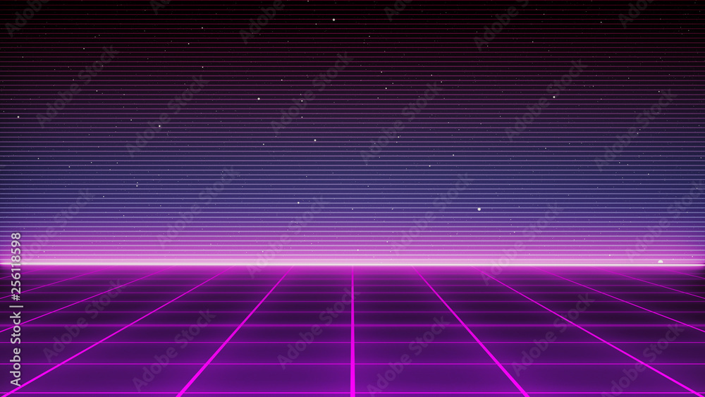 Retro Sci-Fi Background Futuristic landscape of the 80`s. Digital Cyber Surface. Suitable for design in the style of the 1980`s