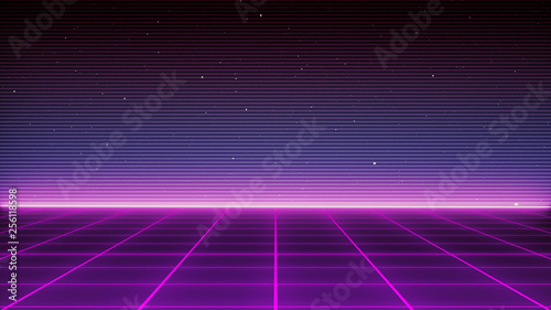 Retro Sci-Fi Background Futuristic landscape of the 80`s. Digital Cyber Surface. Suitable for design in the style of the 1980`s