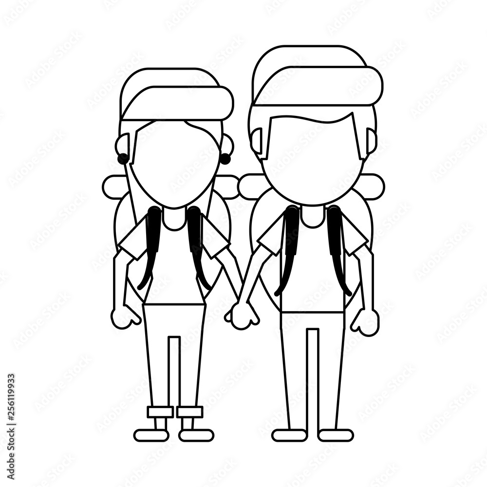 Couple of tourists avatar cartoon in black and white Couple of tourists avatar cartoon in black and white