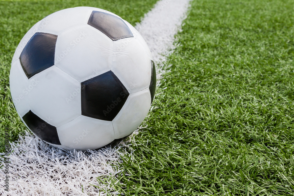 soccer ball in the field on the white line soccer ball in the field on the white line