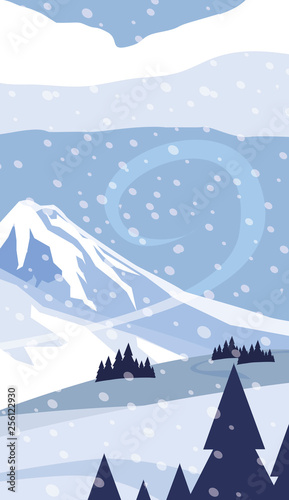 mountains with forest pines snowscape scene