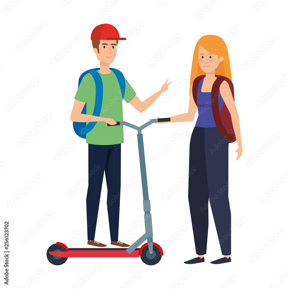 young couple in folding scooter young couple in folding scooter