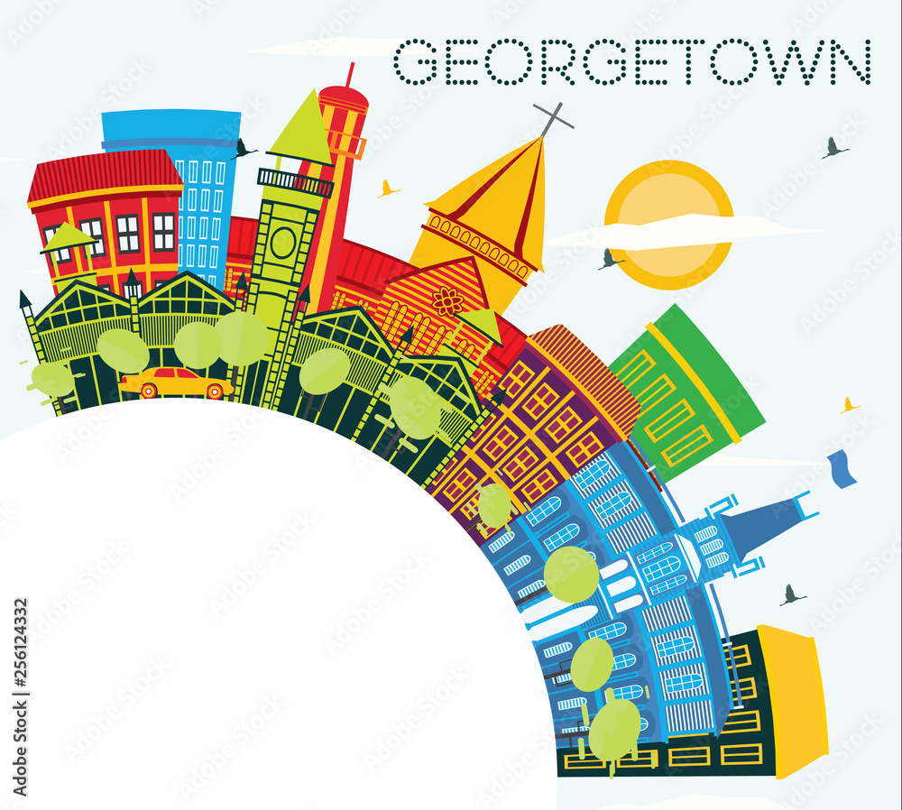Georgetown Guyana City Skyline with Color Buildings, Blue Sky and Copy Space.
