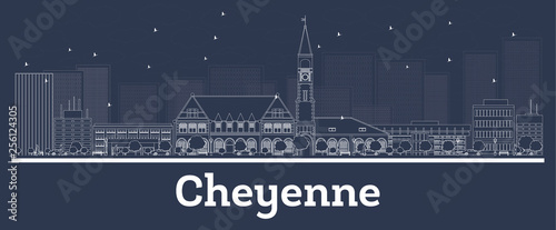 Outline Cheyenne Wyoming City Skyline with White Buildings.