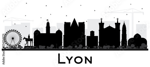 Lyon France City Skyline Silhouette with Black Buildings Isolated on White.
